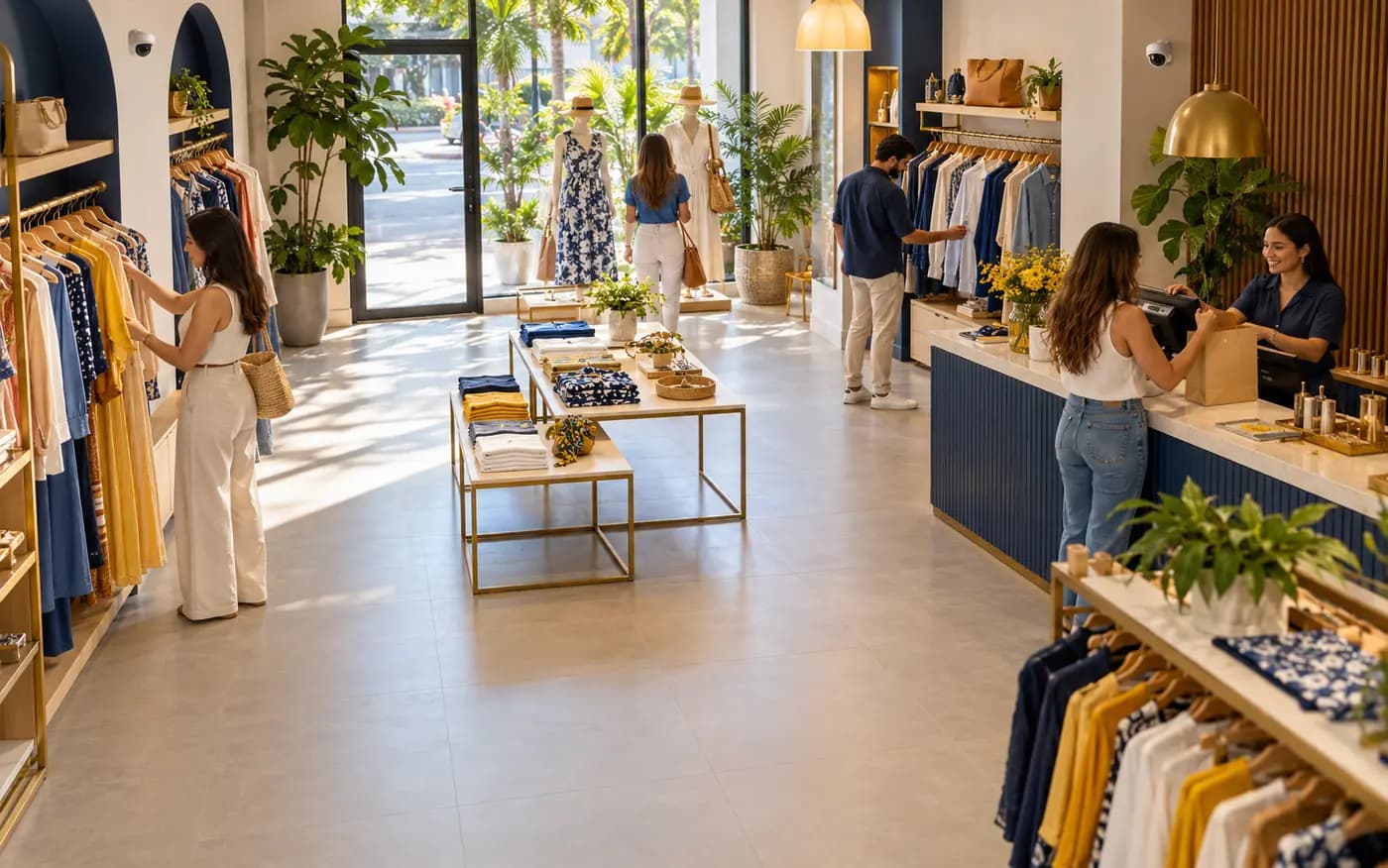 Imagen conceptual de una boutique de ropa con cámaras discretas para supervisión de la operación